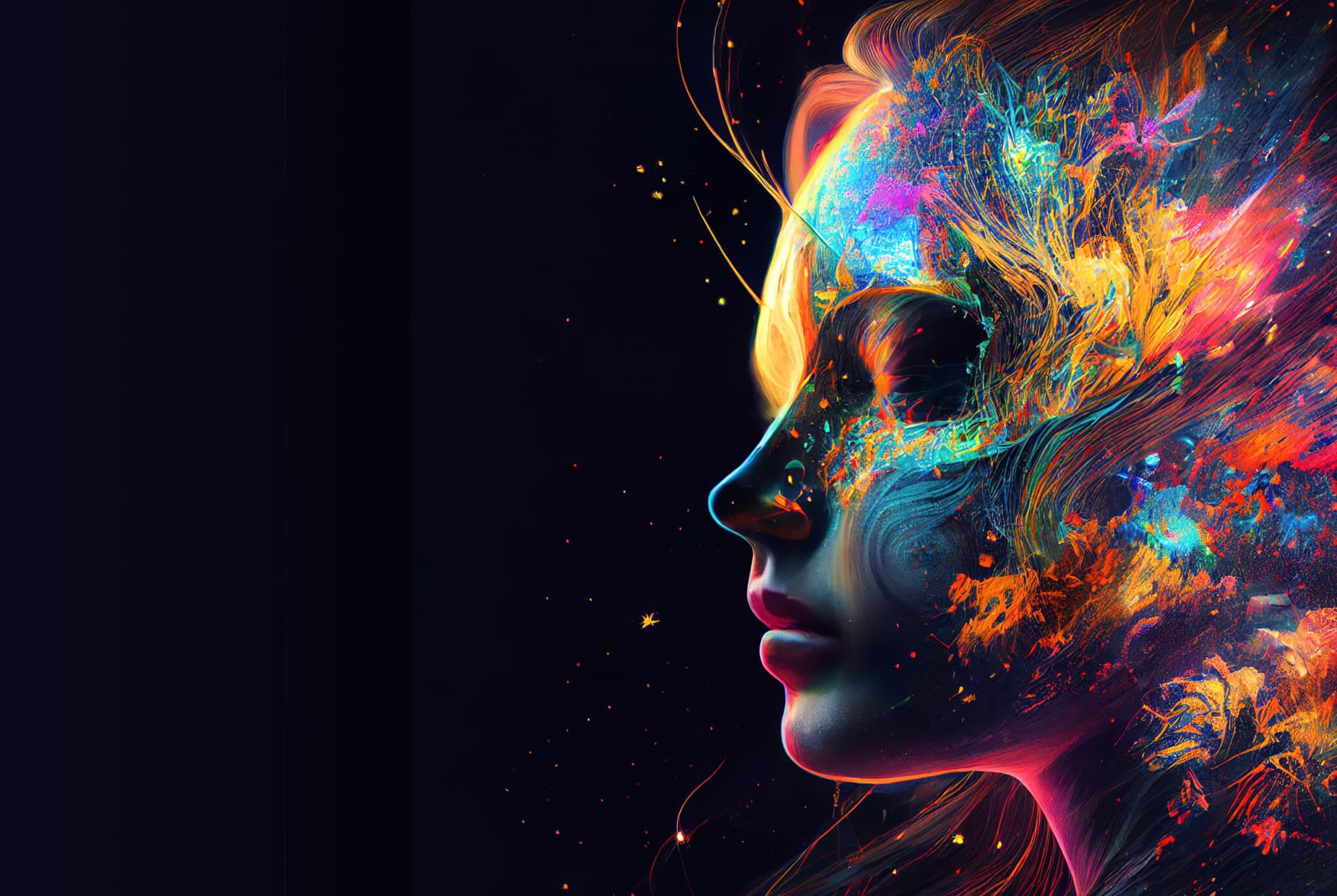 AI 生成的女性頭部影像，其中包含五顏六色的抽象藝術。